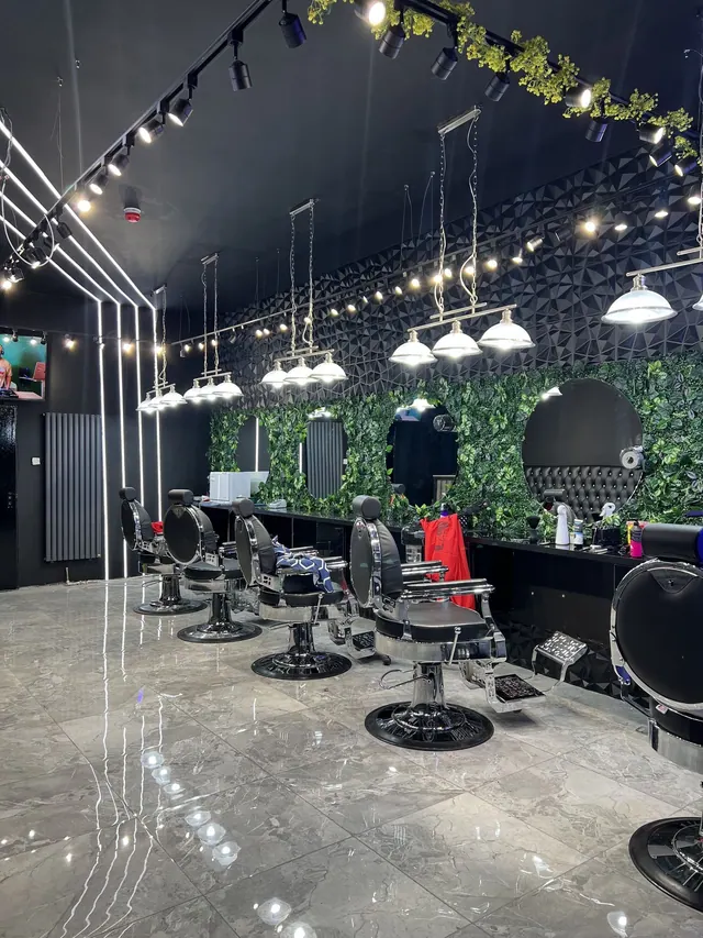 The chairs and mirrors along the plant wall